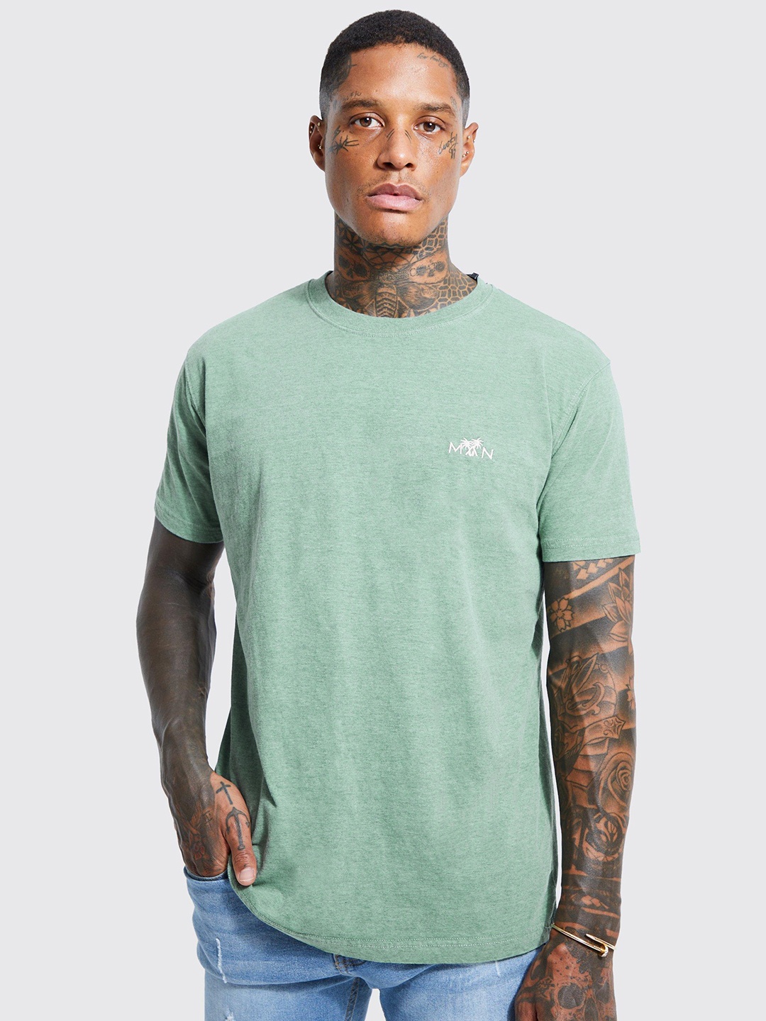 

boohooMAN Cotton Drop-Shoulder Sleeves T-shirt, Green