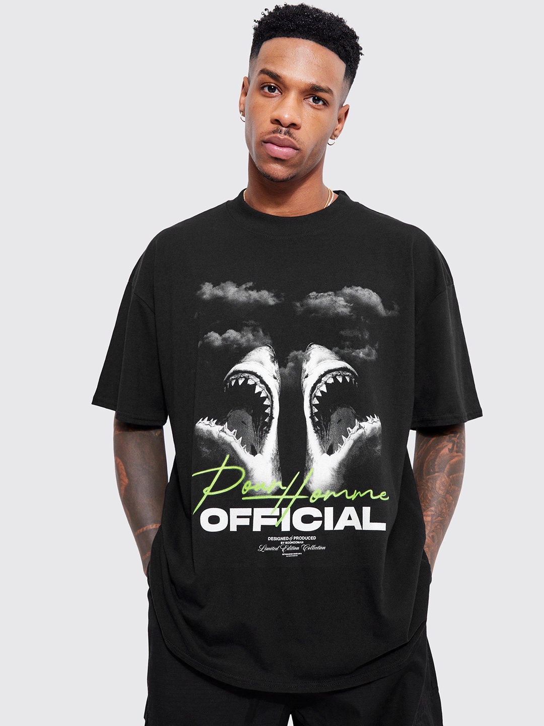 

boohooMAN Oversized Graphic Printed Pure Cotton T-shirt, Navy blue