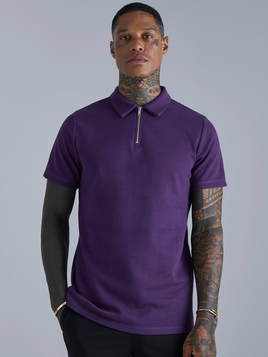 

boohooMAN Jacquard Polo Collar Pure Cotton Slim Fit T-shirt, Purple
