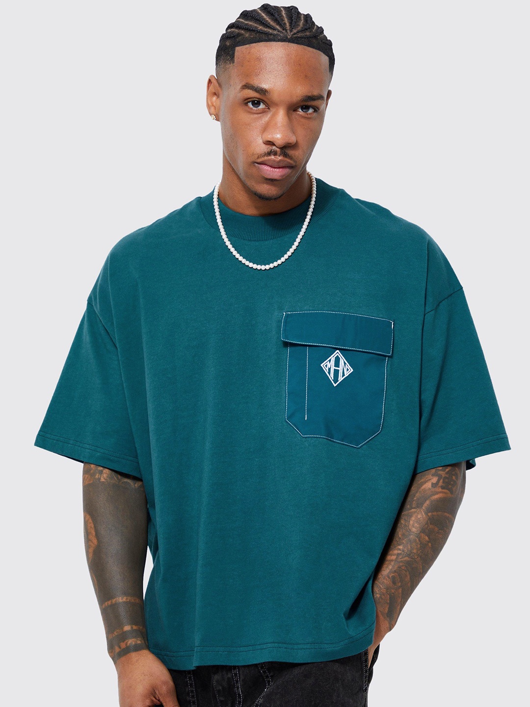 

boohooMAN Pure Cotton Pocket Oversized T-shirt, Teal