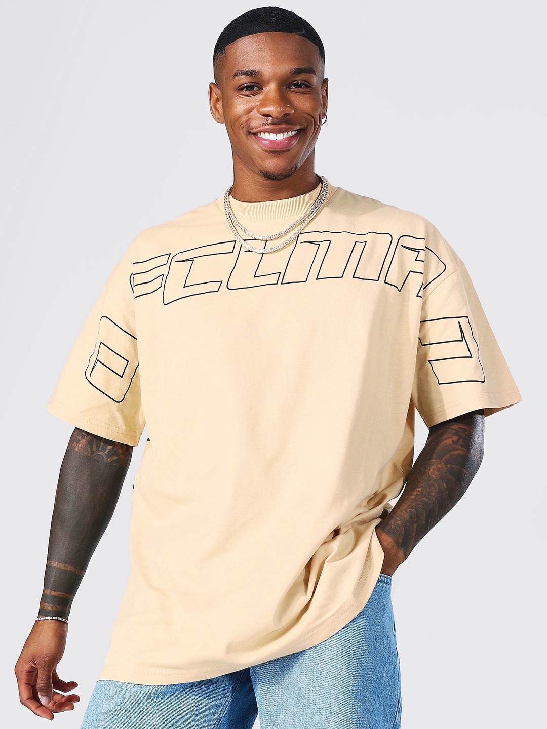 

boohooMAN Graphic Printed Back Oversized Pure Cotton T-shirt, Beige