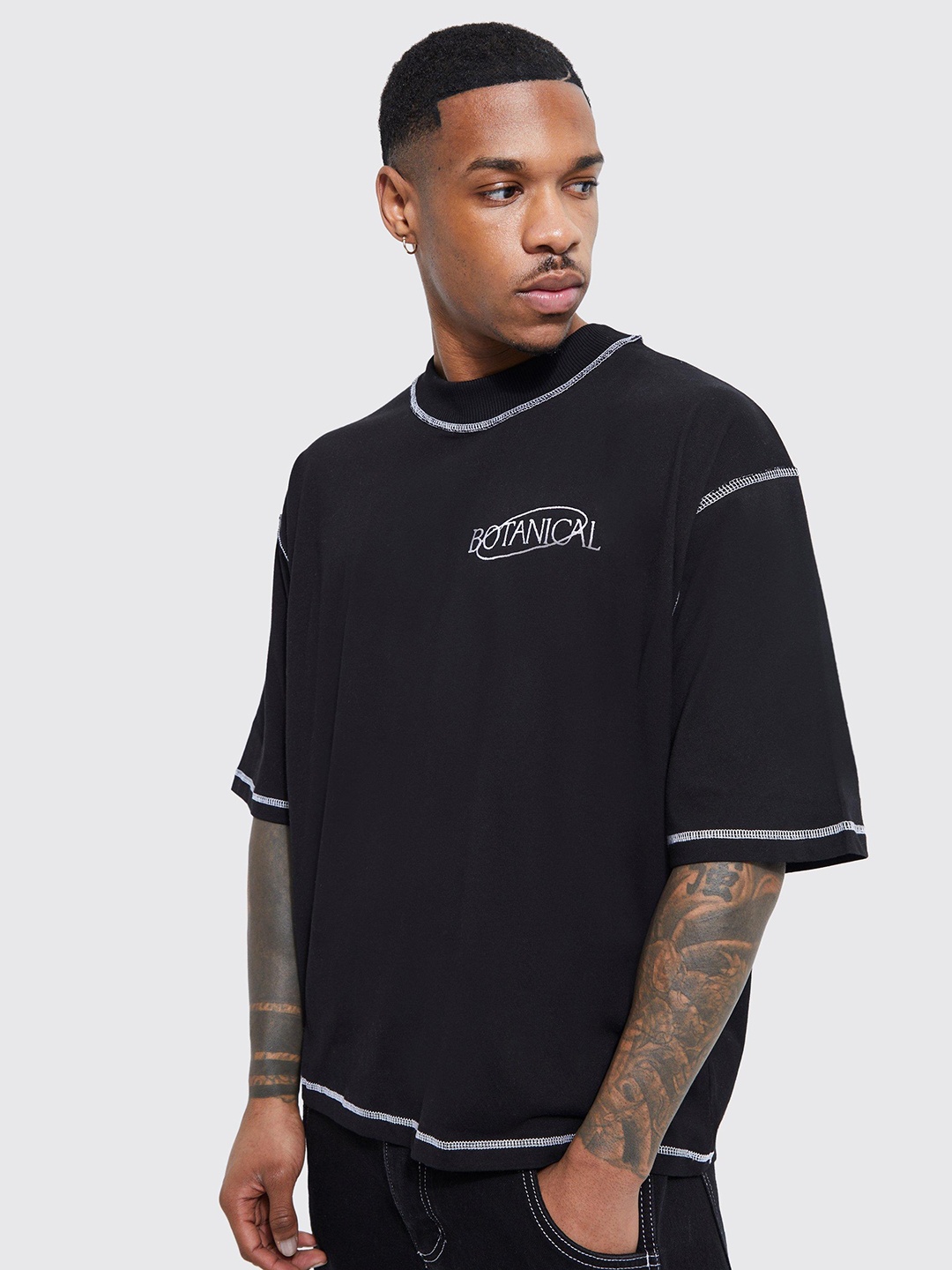 

boohooMAN Oversized Graphic Printed Pure Cotton T-shirt, Black
