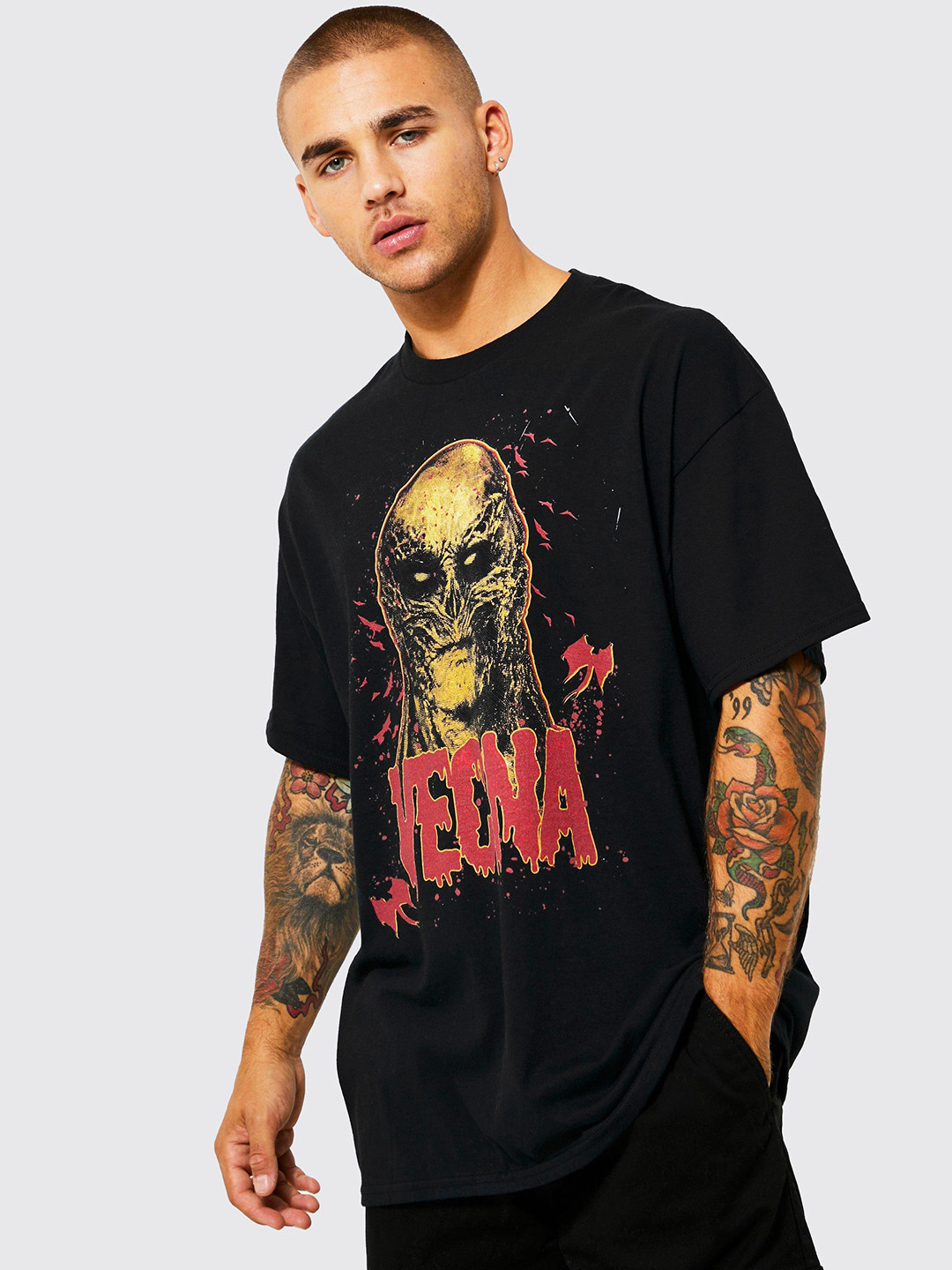 

boohooMAN Oversized Drop-Shoulder Sleeves Stranger Things Print Pure Cotton T-shirt, Black