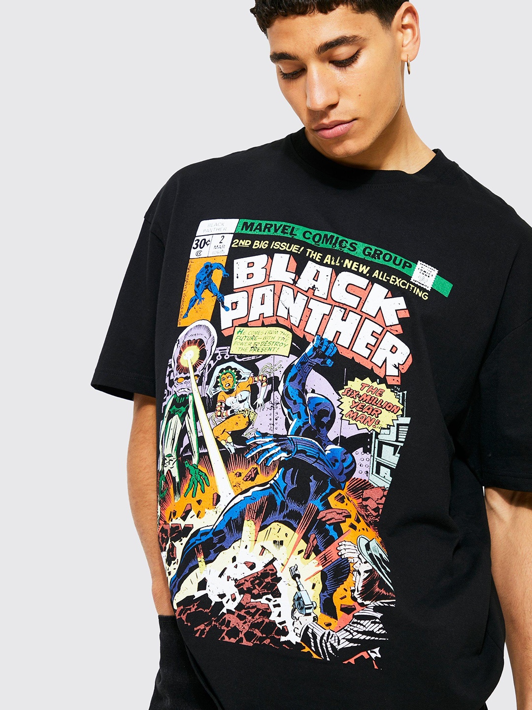 

boohooMAN Printed Drop-Shoulder Sleeves Pure Cotton T-shirt, Black