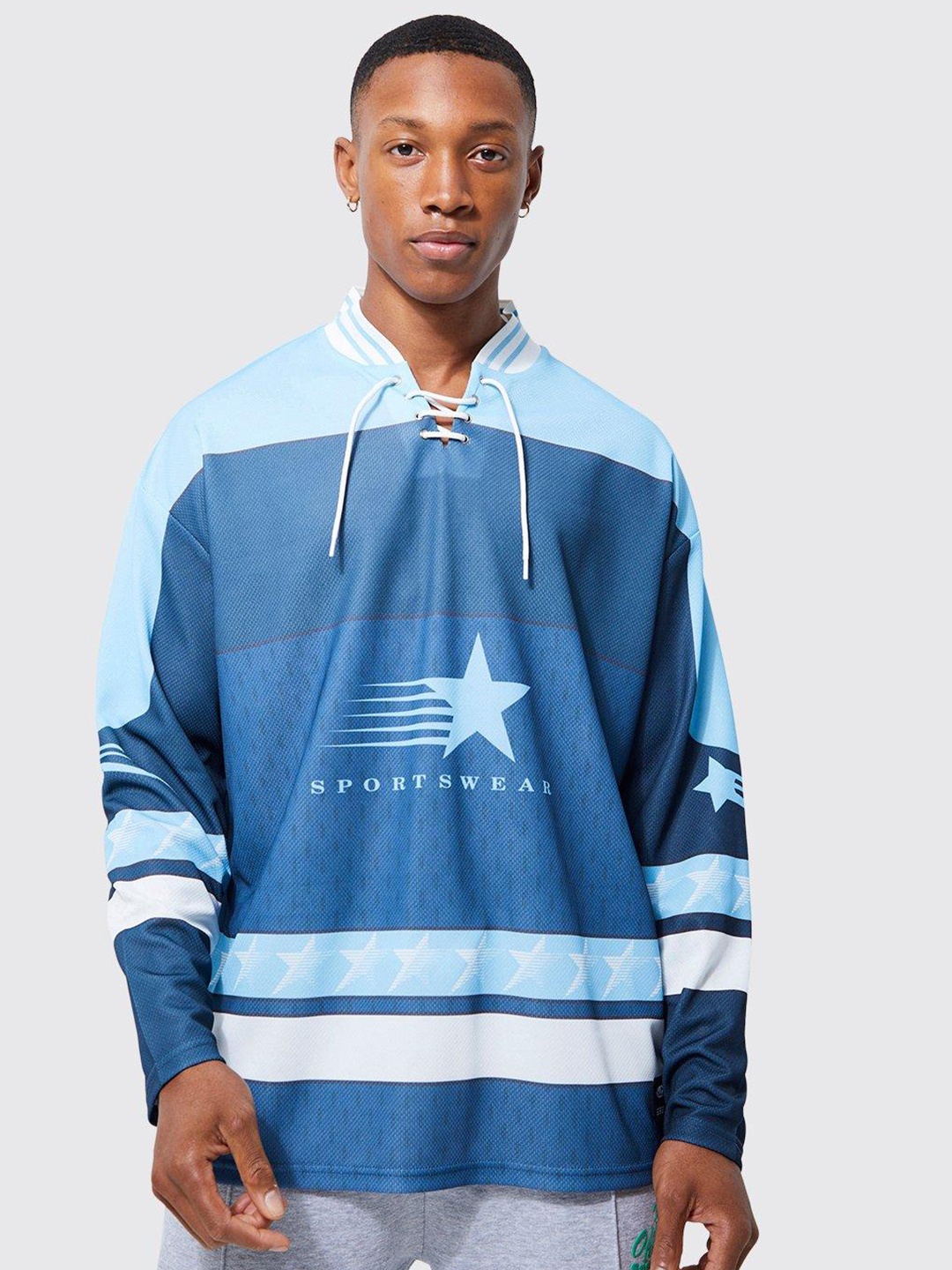 

boohooMAN Striped Drop-Shoulder Closed Mesh Hockey T-shirt, Blue