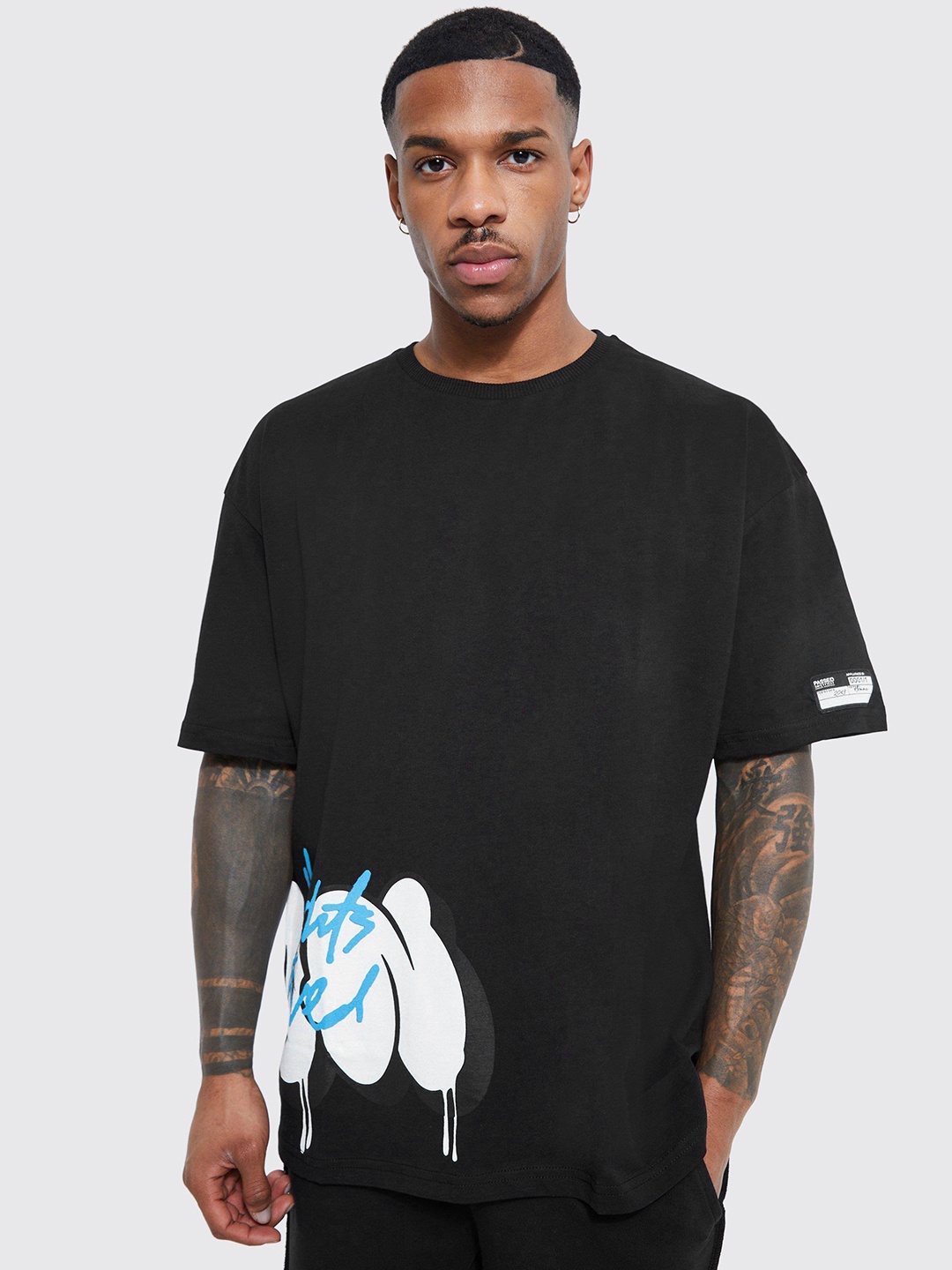 

boohooMAN Bubble Graffiti Typography Printed Pure Cotton Oversized T-shirt, Black