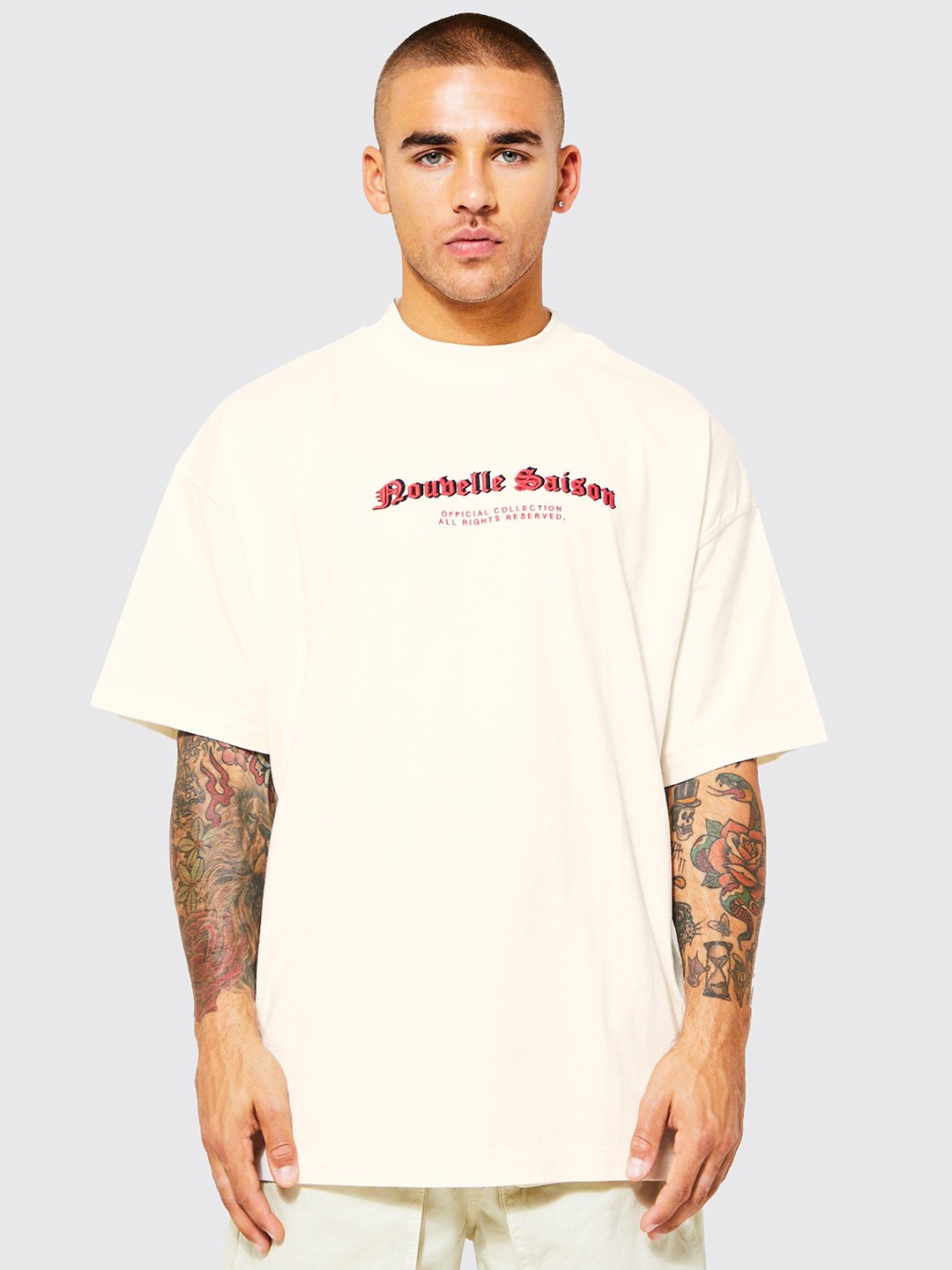 

boohooMAN Typography Embroidered Pure Cotton Oversized Heavyweight T-shirt, Cream