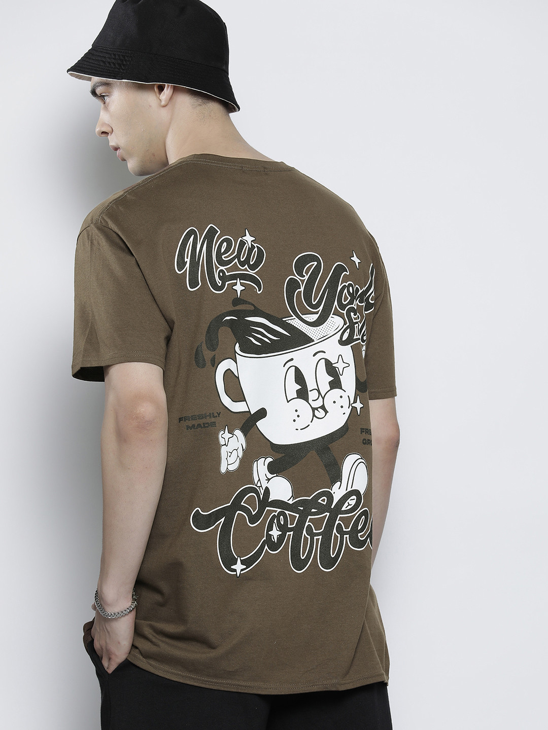 

boohooMAN Men Brown Printed Drop-Shoulder Sleeves Pure Cotton T-shirt