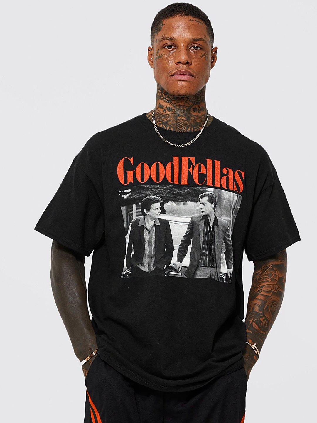 

boohooMAN Oversized Goodfellas Printed Pure Cotton T-shirt, Navy blue