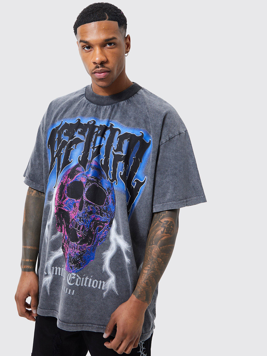 

boohooMAN Printed Pure Cotton T-shirt, Grey