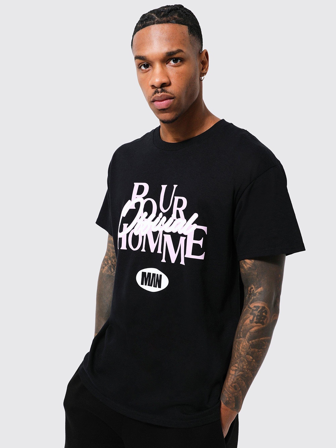 

boohooMAN Typographic Printed Drop-Shoulder Sleeves Cotton T-shirt, Black