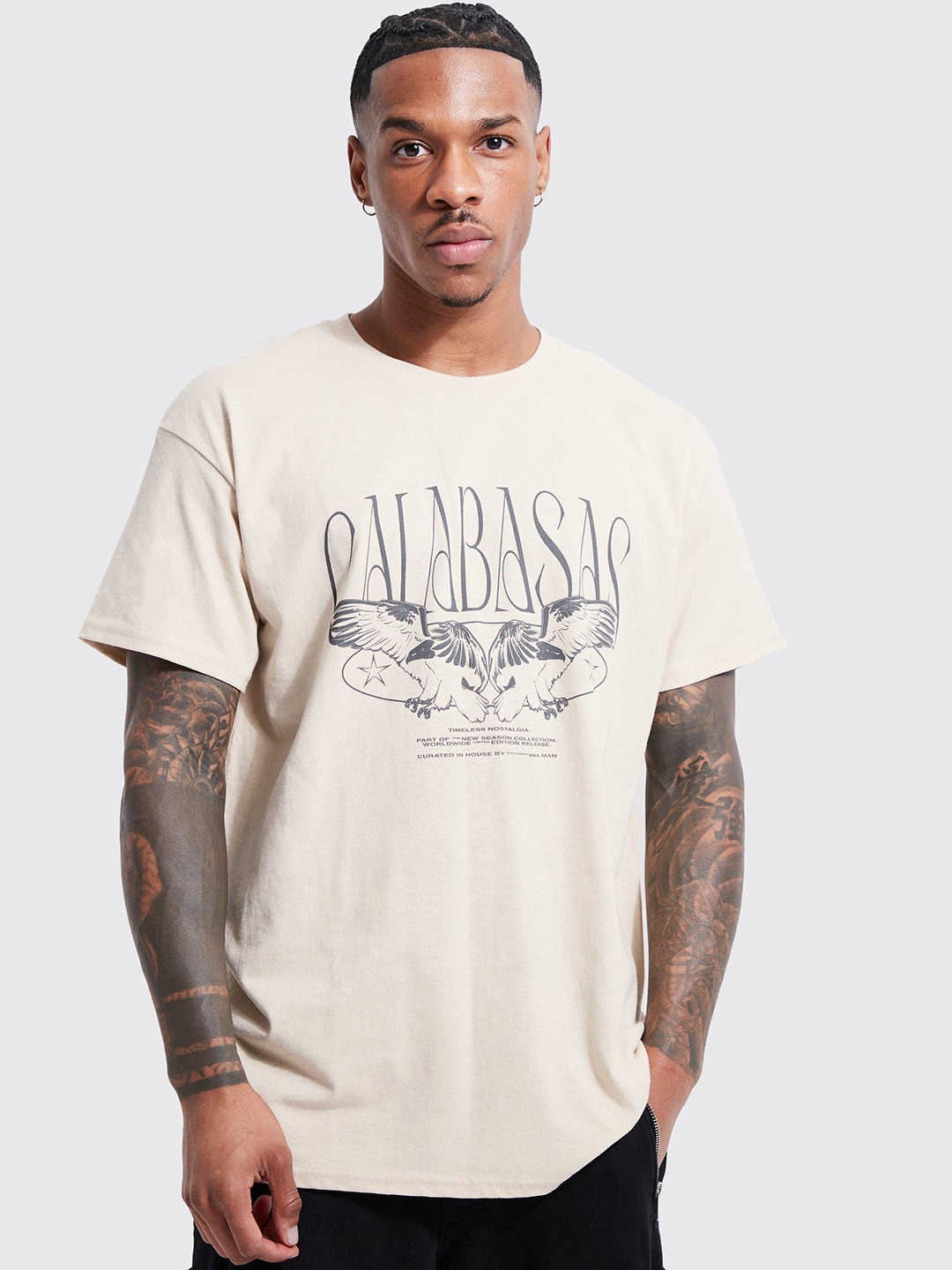 

boohooMAN Oversized Typography Printed Pure Cotton T-shirt, Cream