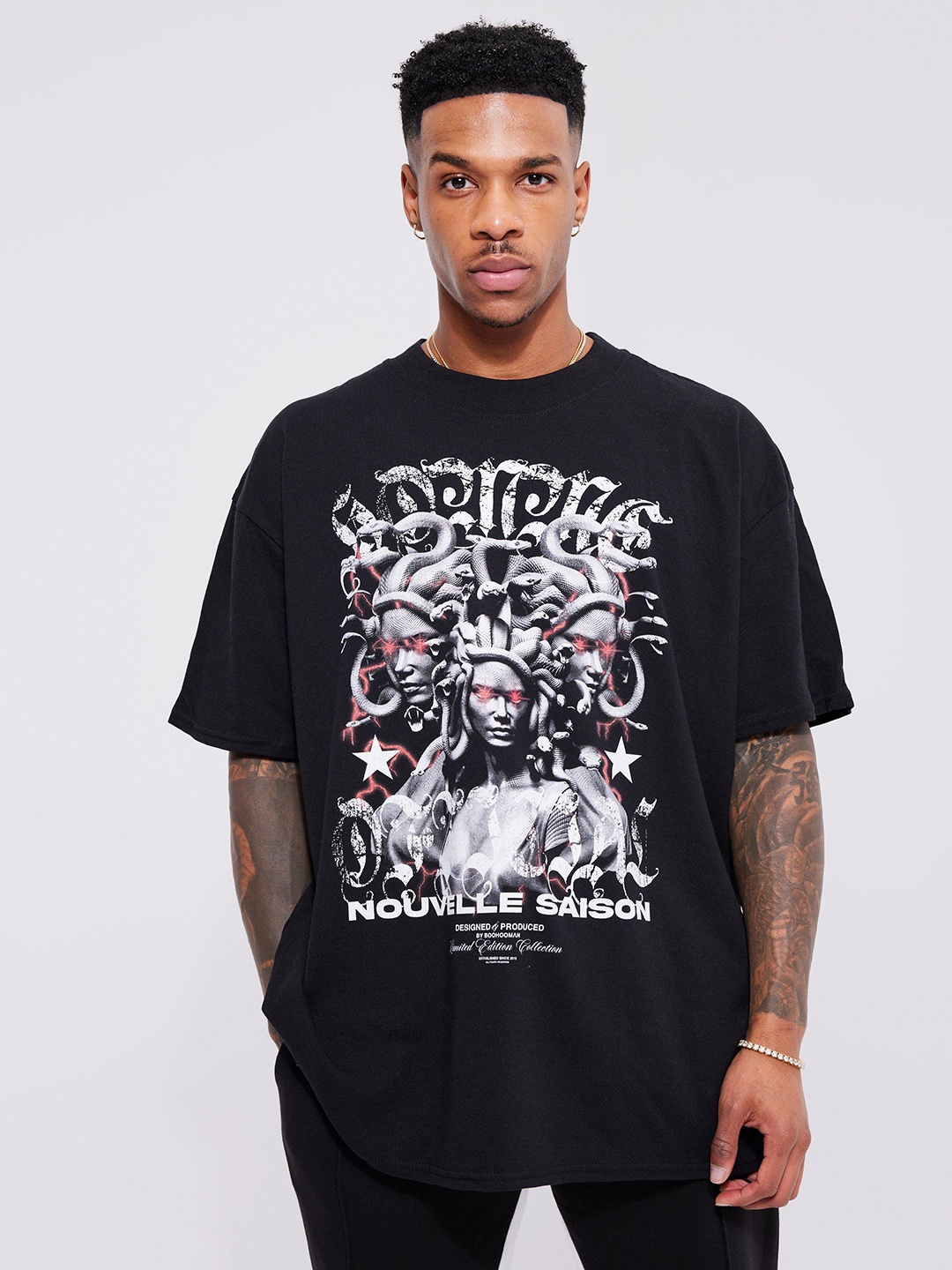 

boohooMAN Oversized Medusa Printed Pure Cotton T-shirt, Navy blue