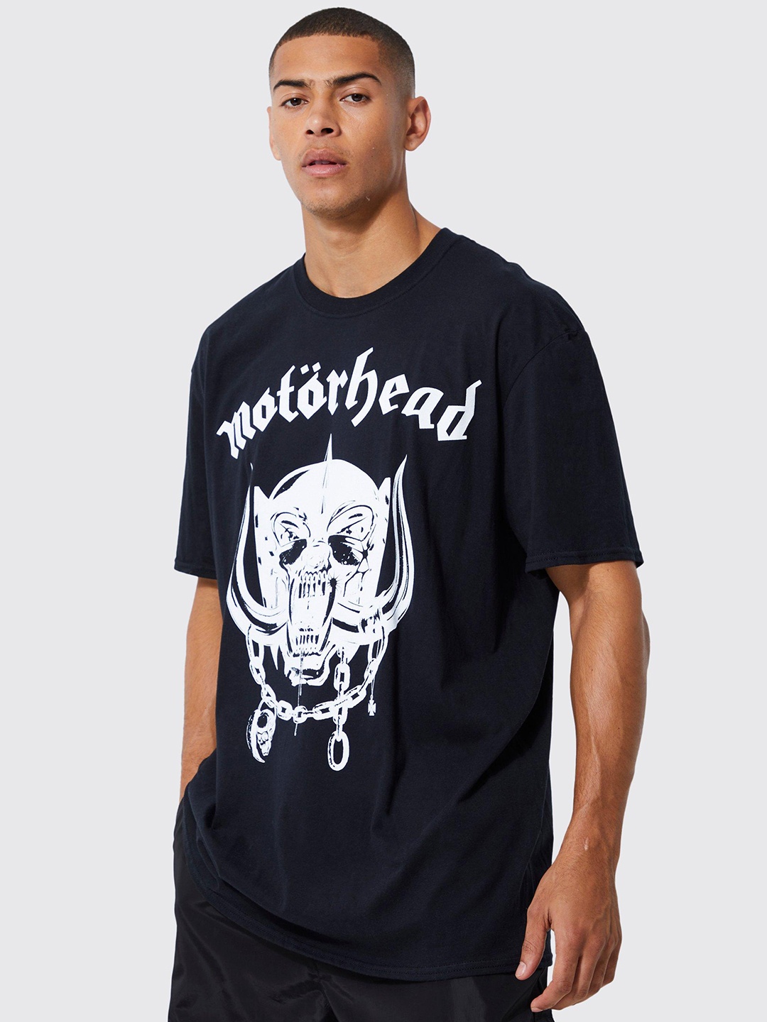 

boohooMAN Motorhead Printed Drop-Shoulder Sleeves Pure Cotton Oversized T-shirt, Black