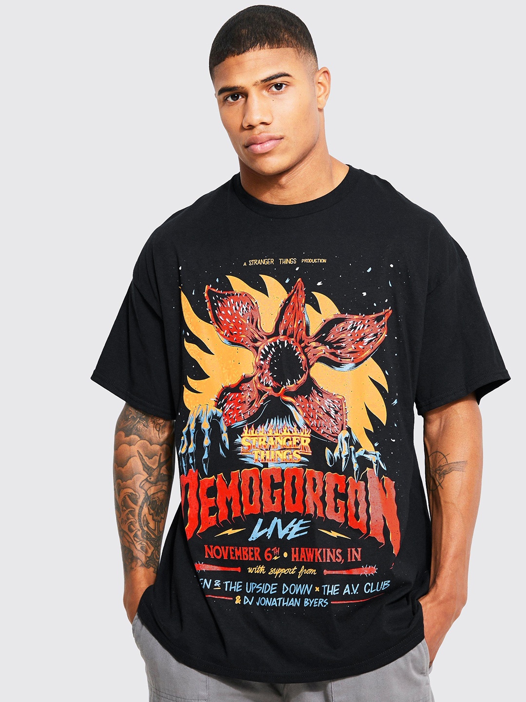 

boohooMAN Stranger Things License Print Pure Cotton Oversized T-shirt, Black