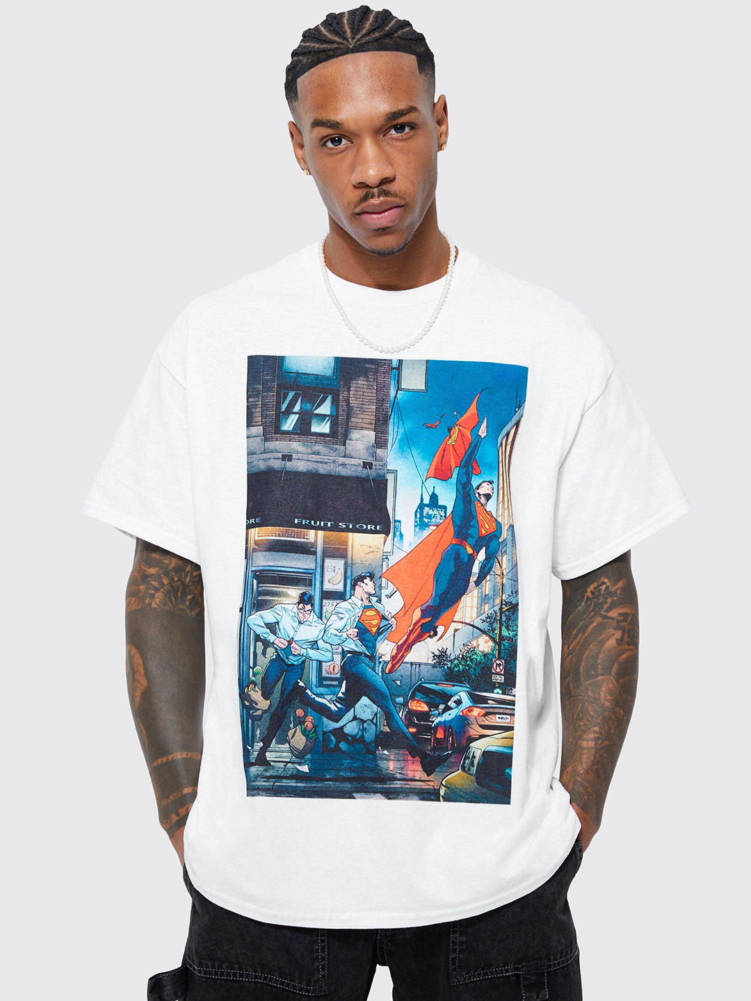 

boohooMAN Superman Printed Drop-Shoulder Sleeves Pure Cotton Oversized T-shirt, White