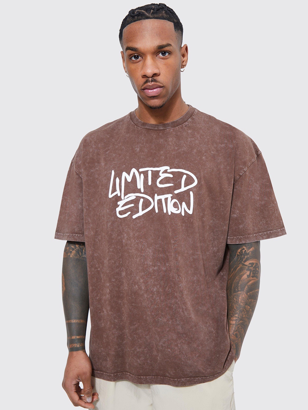 

boohooMAN Oversized Typography Printed Pure Cotton T-shirt, Brown