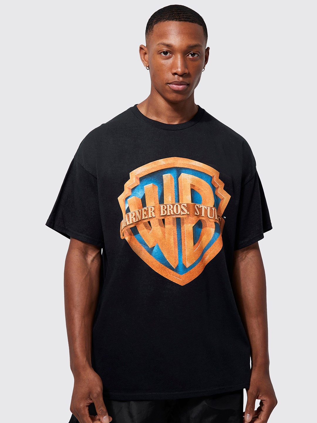 

boohooMAN Oversized Warner Bros Logo Printed Pure Cotton T-shirt, Black