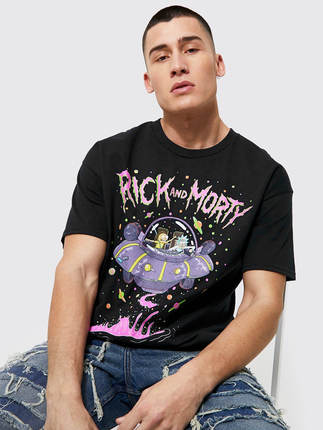 

boohooMAN Men Black & Pink Printed Drop-Shoulder Sleeves Pure Cotton Oversize T-shirt