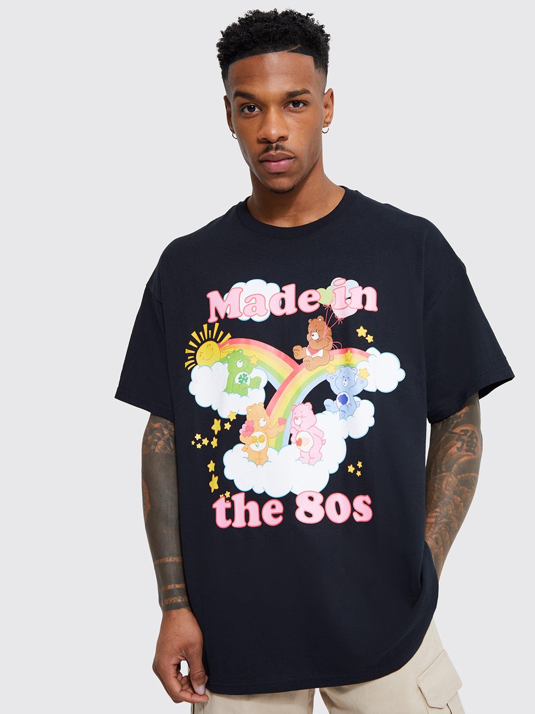 

boohooMAN Oversized Care Bears Printed Pure Cotton T-shirt, Navy blue