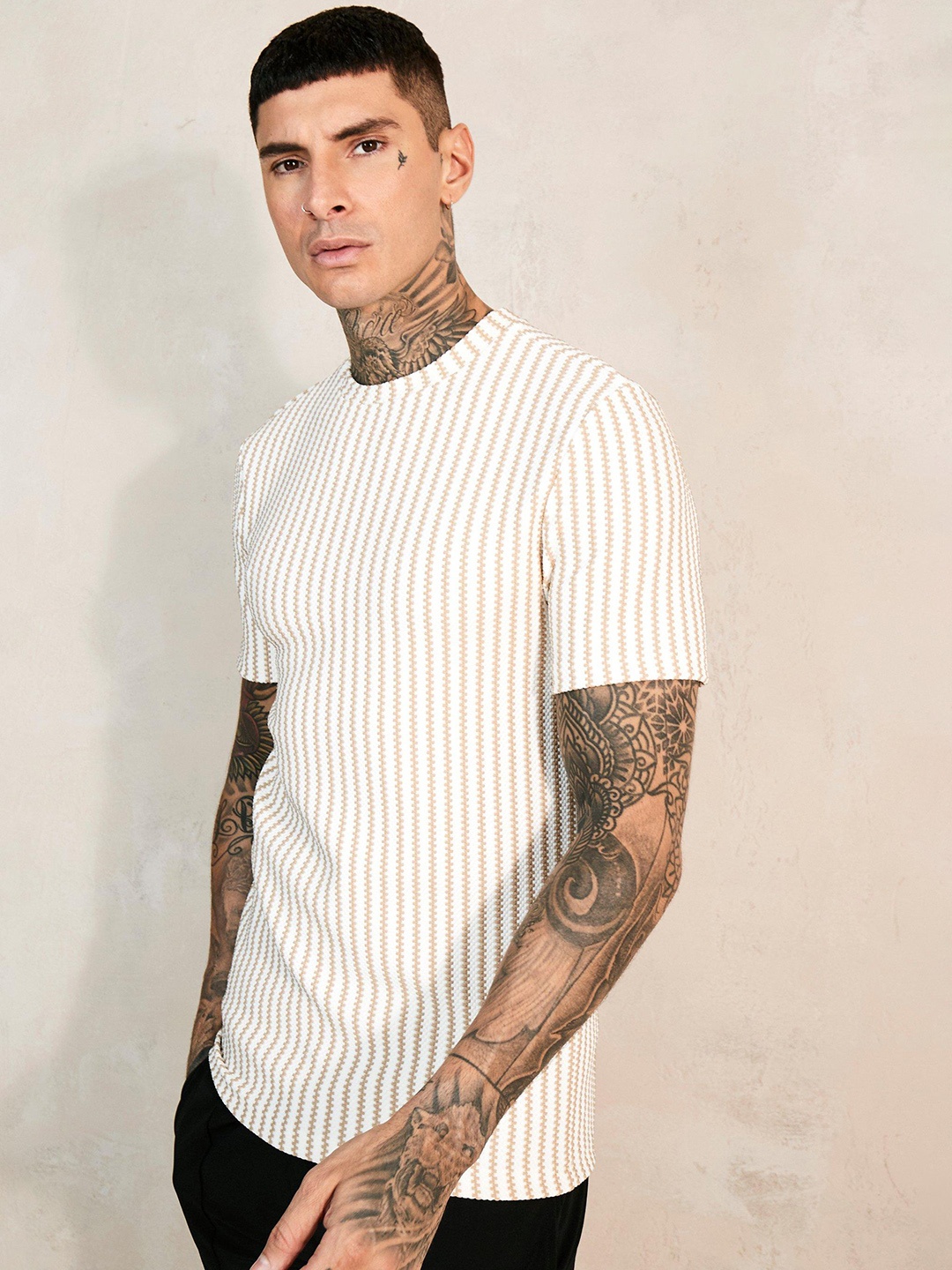 

boohooMAN Striped Muscle Fit Jacquard T-shirt, White