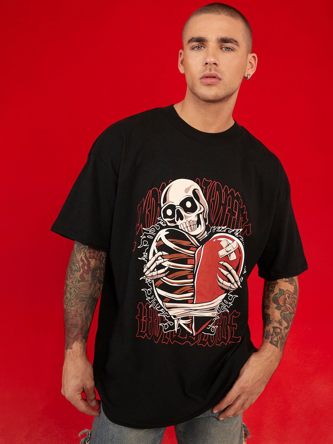 

boohooMAN Graphic Printed Oversized Pure Cotton T-shirt, Black
