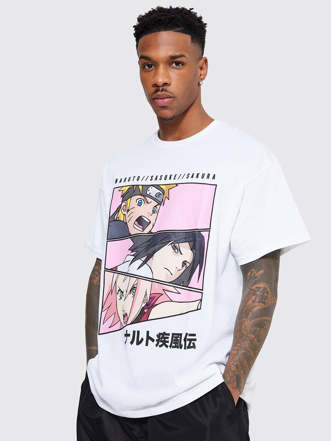 

boohooMAN Naruto Anime Printed Drop-Shoulder Sleeves Cotton Oversized T-shirt, White