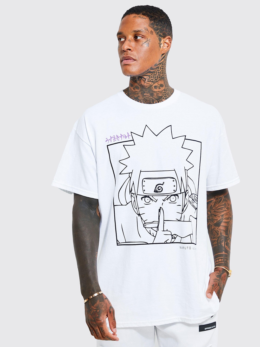 

boohooMAN Naruto Printed Drop-Shoulder Sleeves Pure Cotton Oversized T-shirt, White