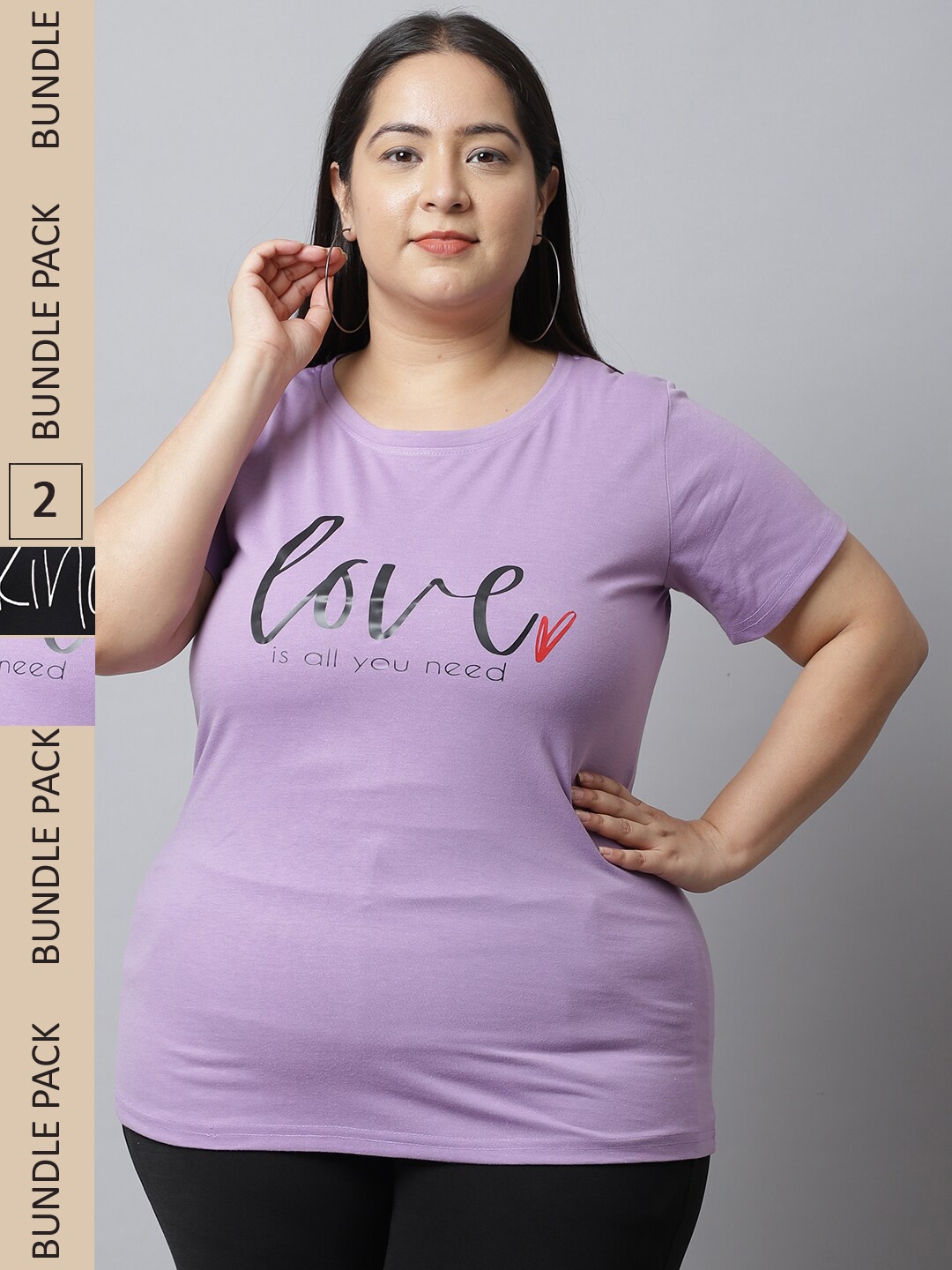 

UnaOne Plus Size Pack Of 2 Typography Printed Cotton T-shirt, Lavender