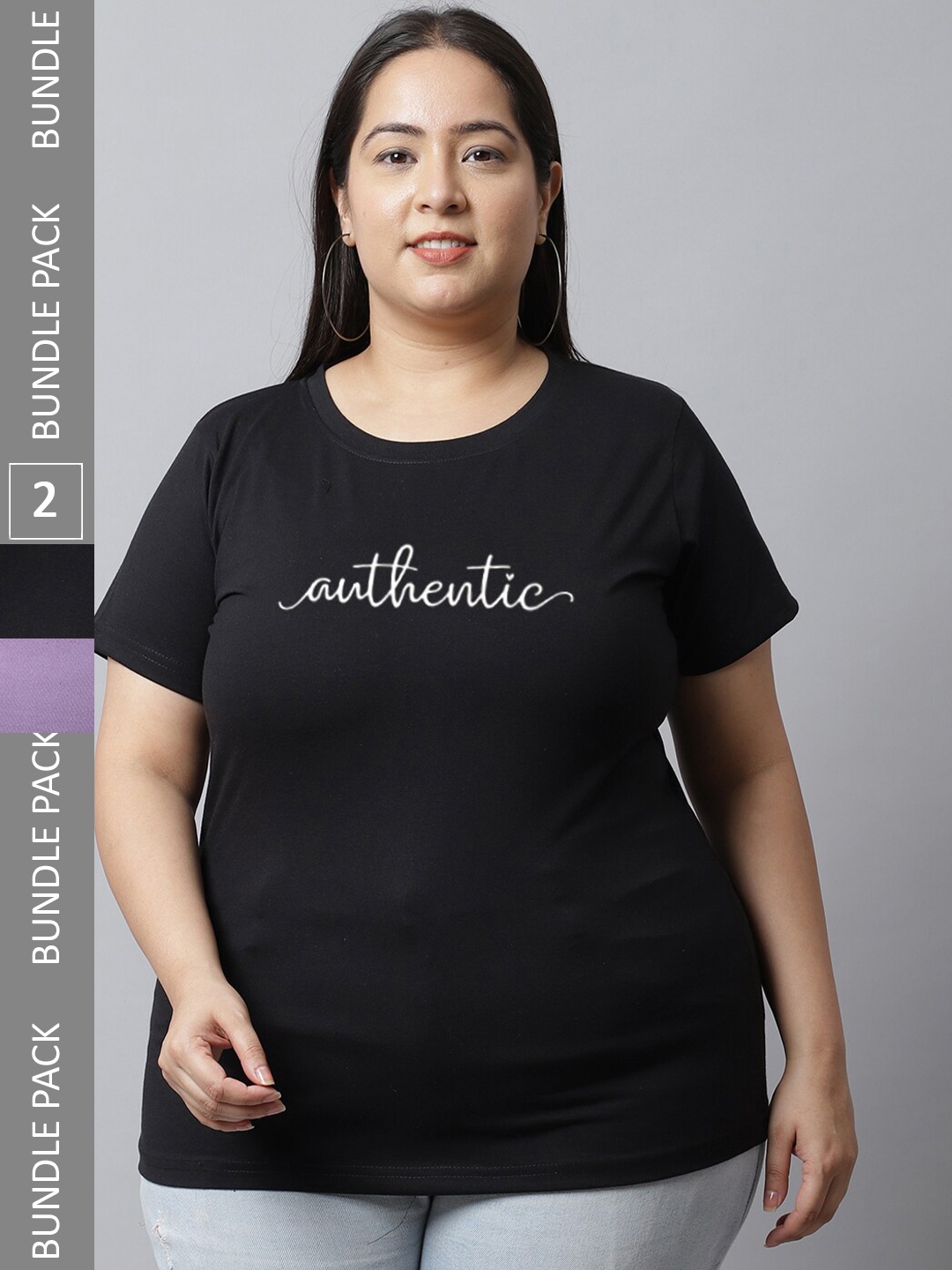 UnaOne Plus Size Pack Of 2 Typography Printed Cotton T-shirt, Black