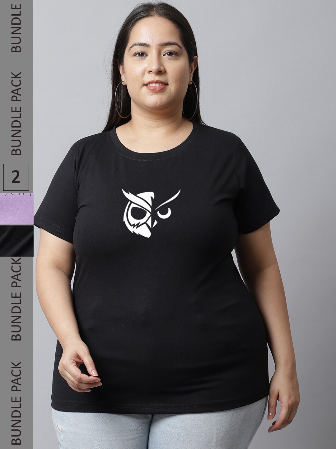 

UnaOne Pack Of 2 Plus Size Typography Printed Pure Cotton Slim Fit T-shirt, Black
