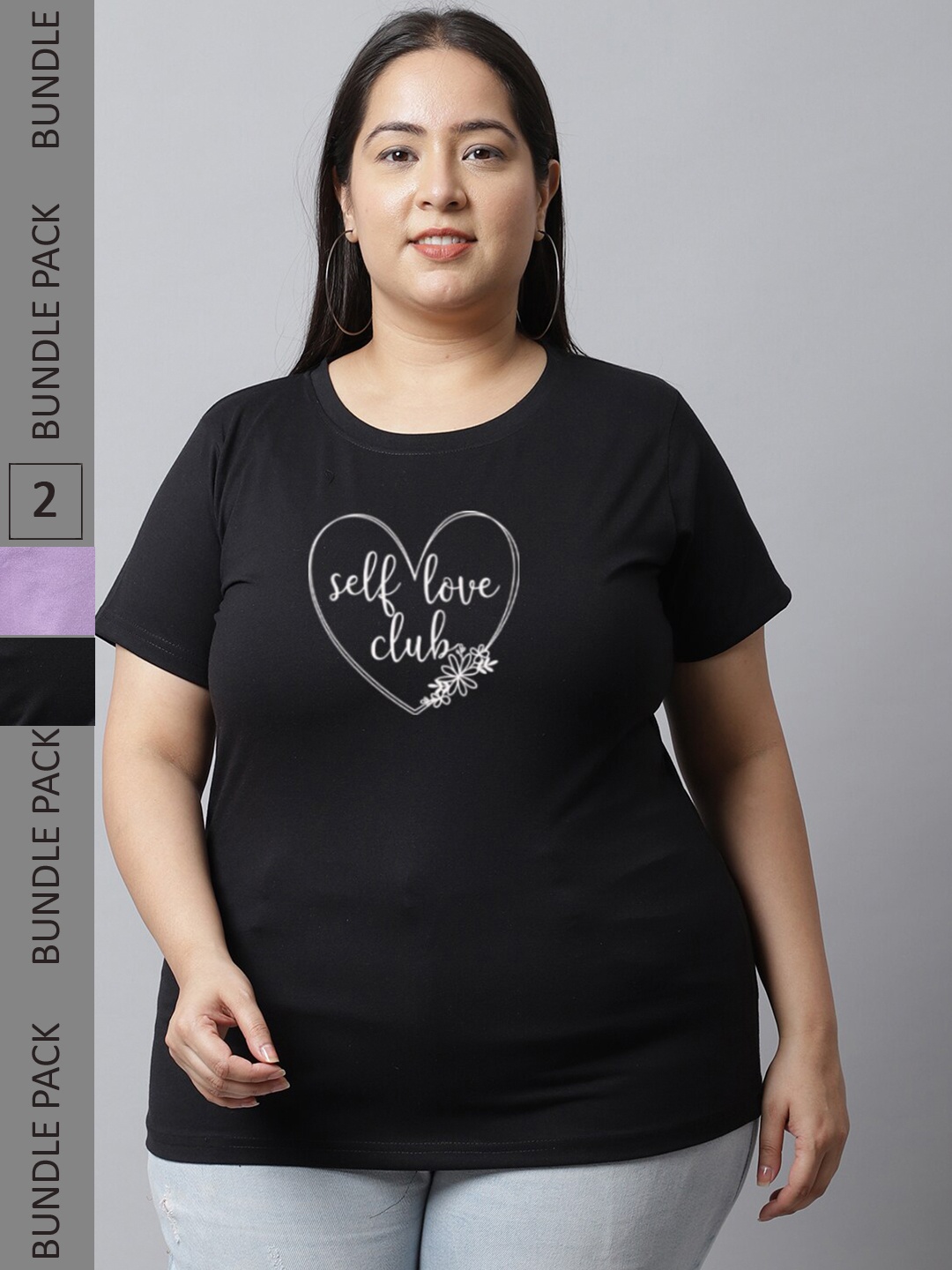 

UnaOne Pack Of 2 Plus Size Typography Printed Pure Cotton Slim Fit T-shirt, Black