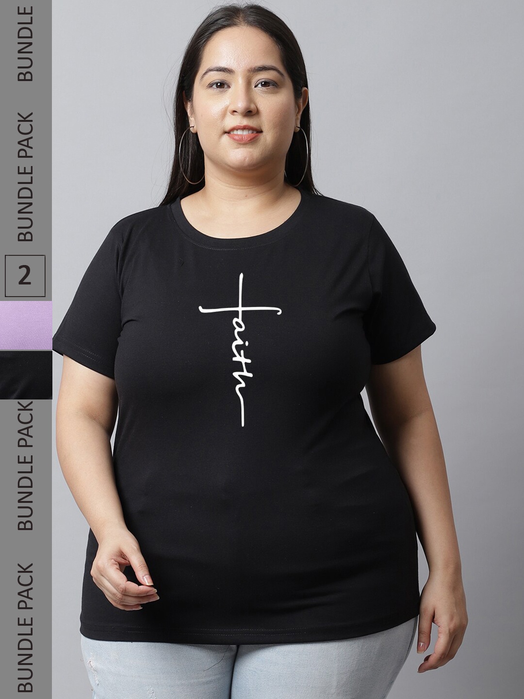 

UnaOne Plus Size Pack Of 2 Typography Printed Cotton T-shirt, Black