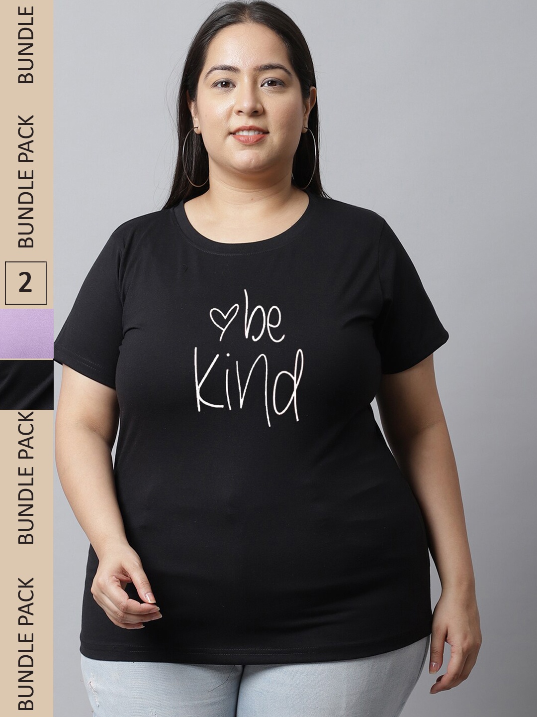

UnaOne Pack Of 2 Plus Size Typography Printed Pure Cotton Slim Fit T-shirt, Black