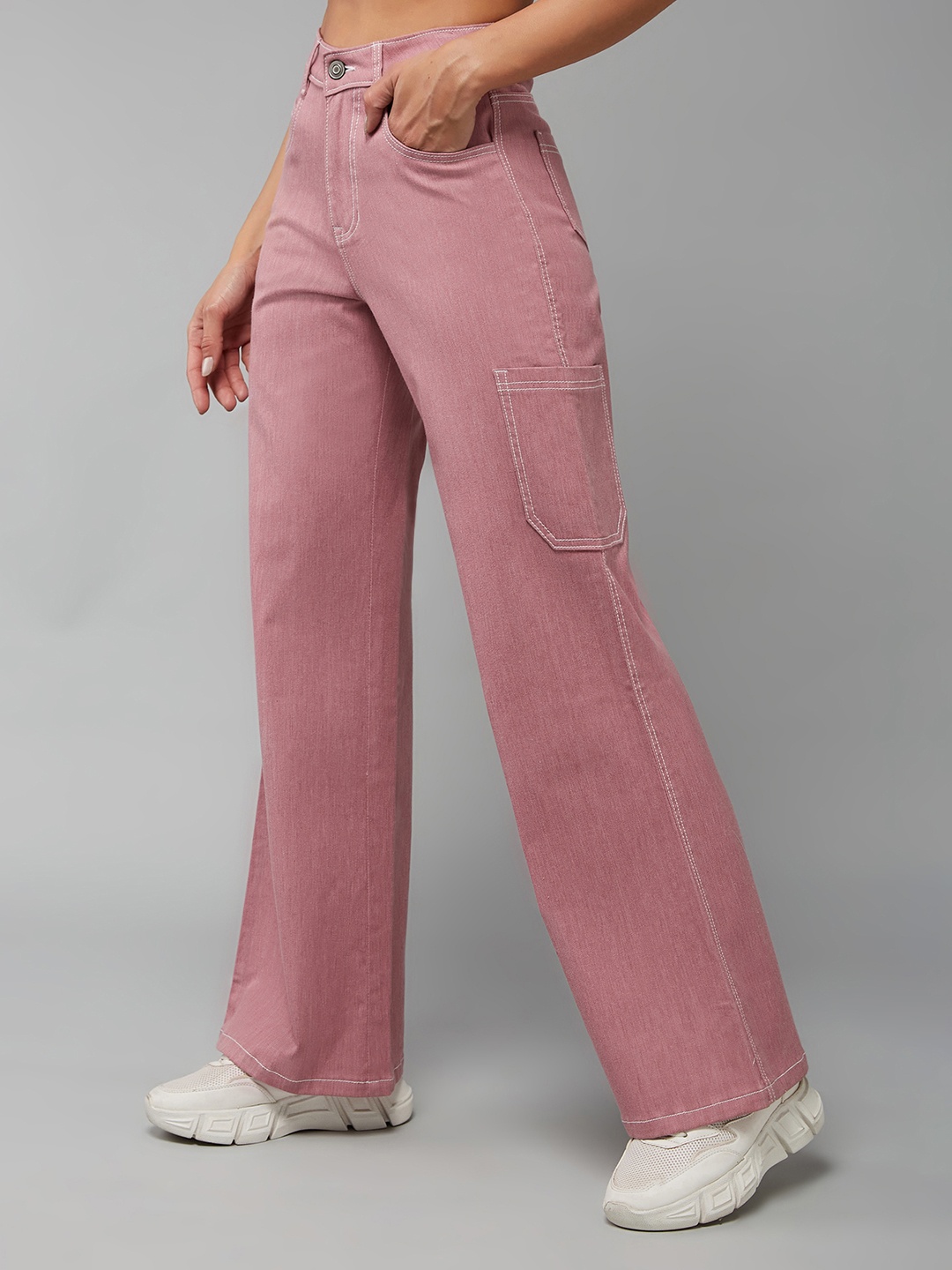 

DOLCE CRUDO Women Wide Leg High-Rise Low Distress Jeans, Pink