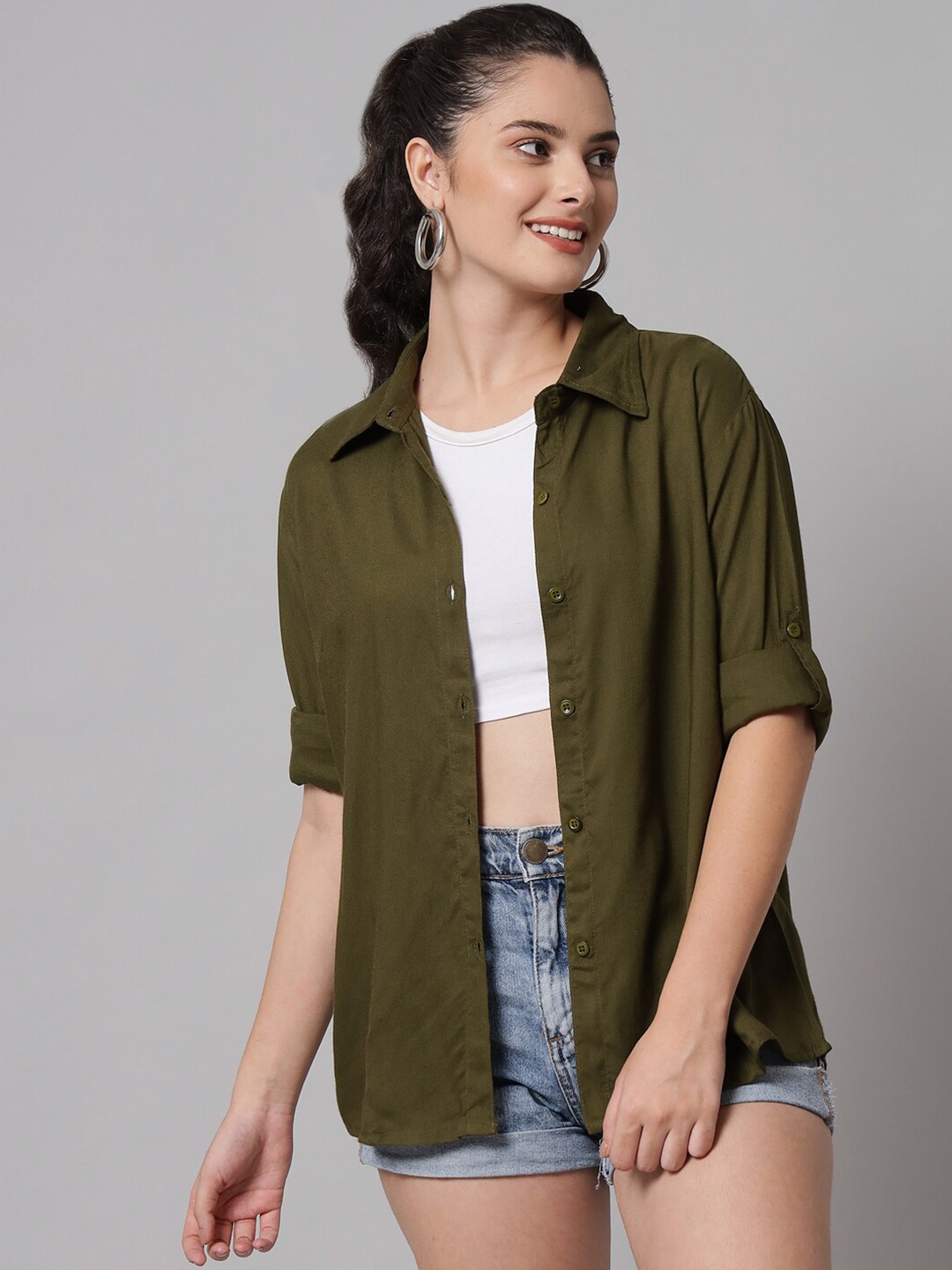 

Funday Fashion Boxy Fit Spread Collar Long Sleeves Casual Shirt, Green