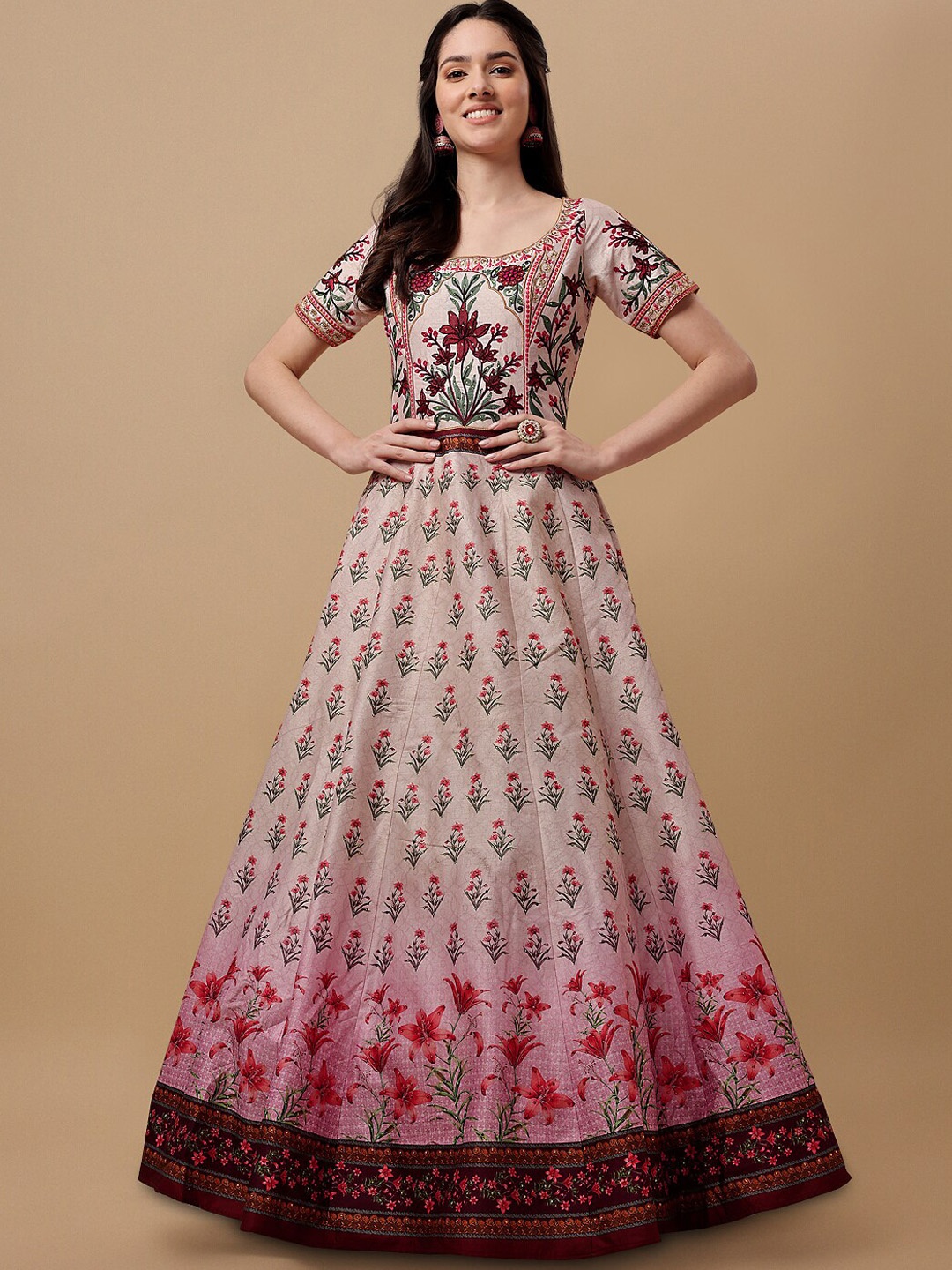 

SAPTRANGI Digital Printed & Embroidered Silk Maxi Gown With Dupatta, Pink