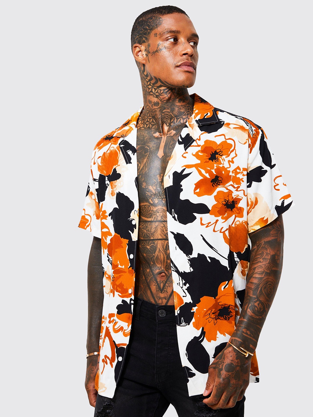 

boohooMAN Floral Print Casual Oversized Shirt, Off white