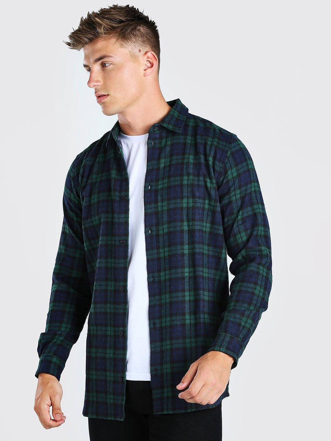 

boohooMAN Tartan Checked Longline Flannel Shirt, Blue