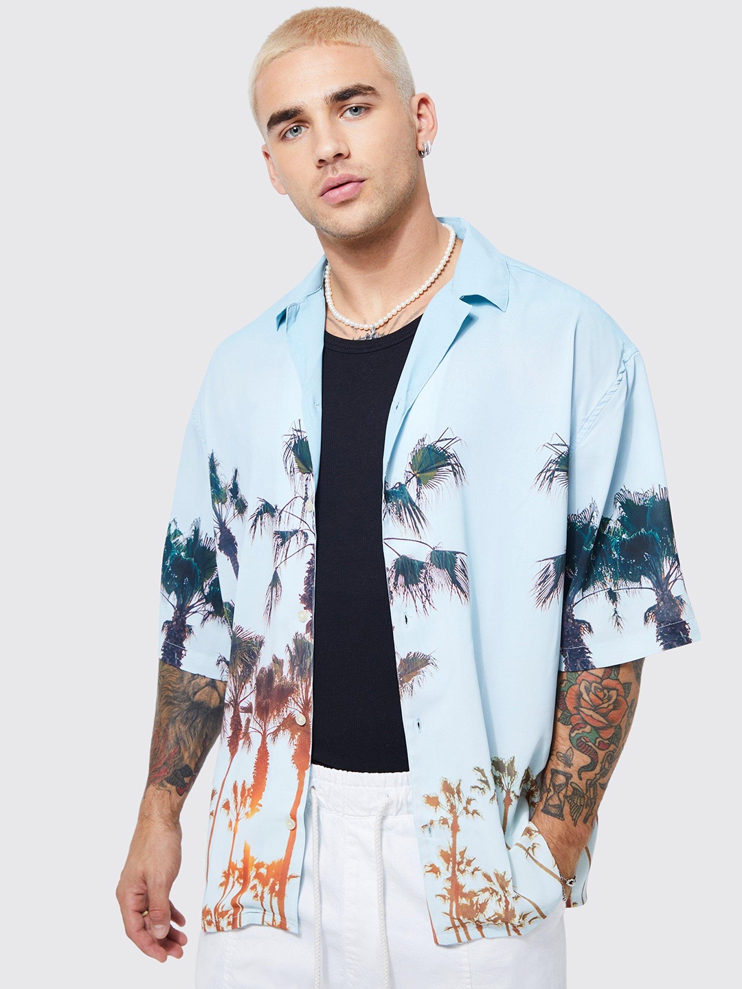 

boohooMAN Palm Print Boxy Oversized Shirt, Blue