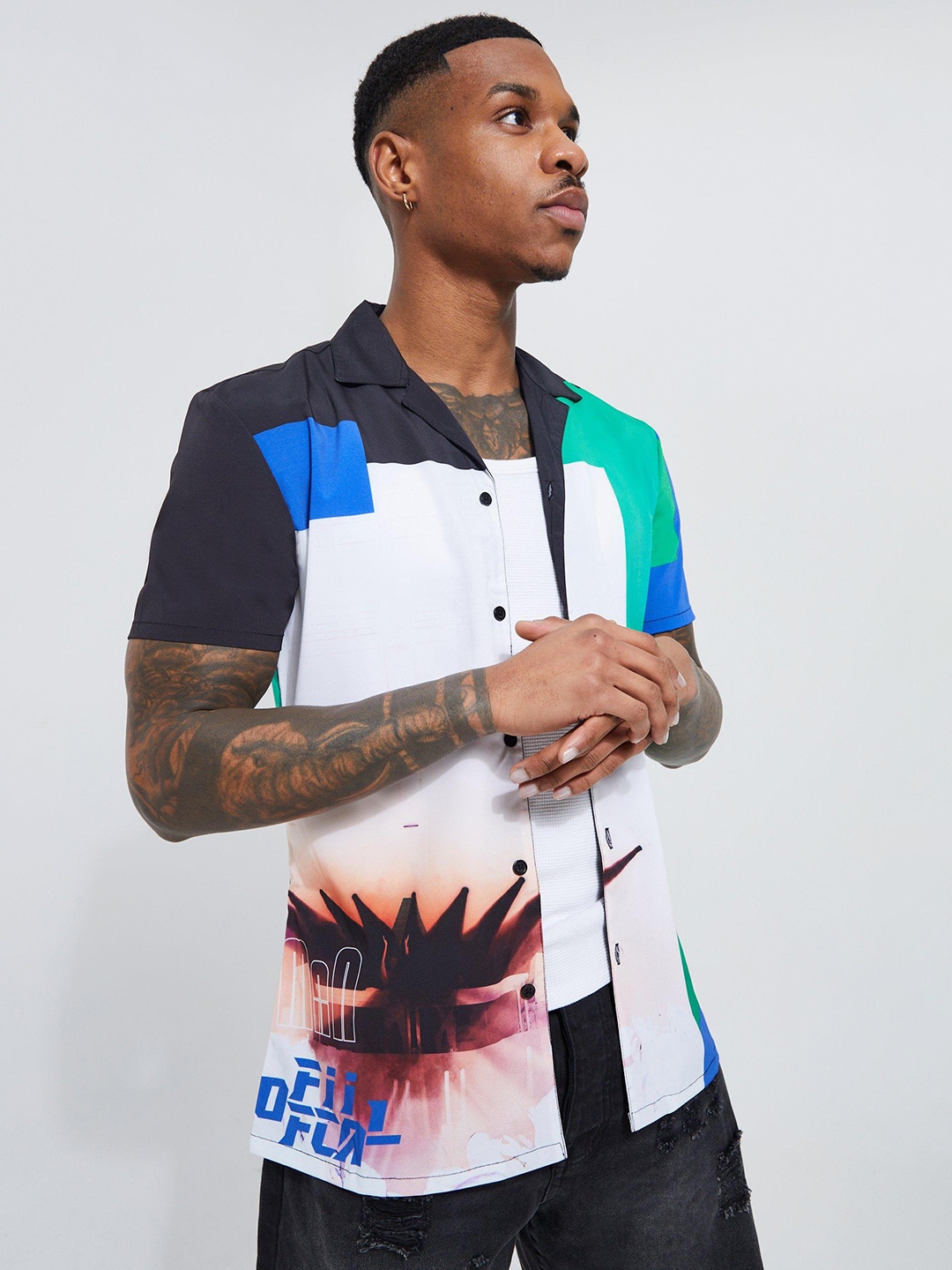 

boohooMAN Muscle Fit Graphic Print Casual Shirt, White