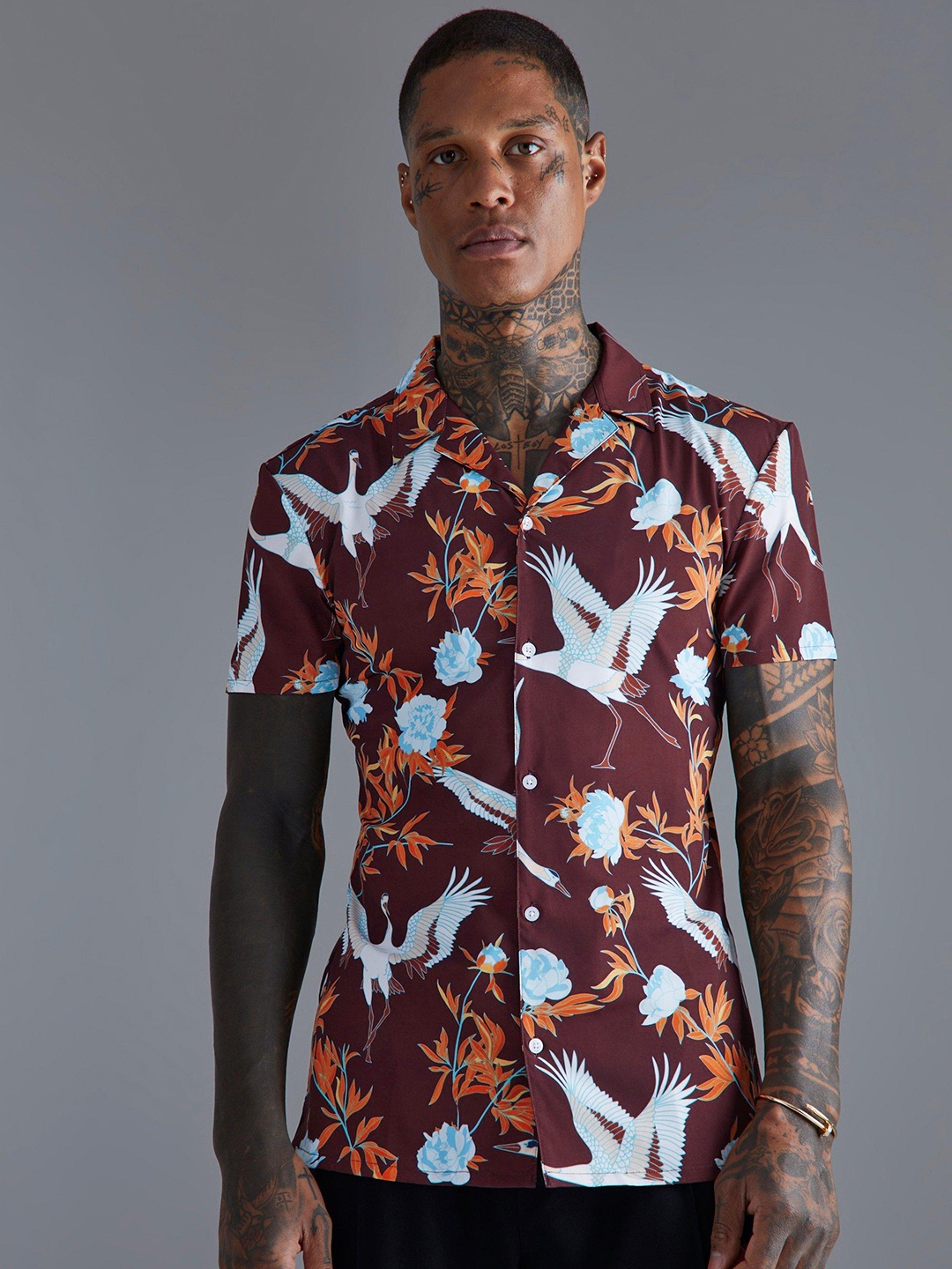 

boohooMAN Floral Print Casual Shirt, Maroon