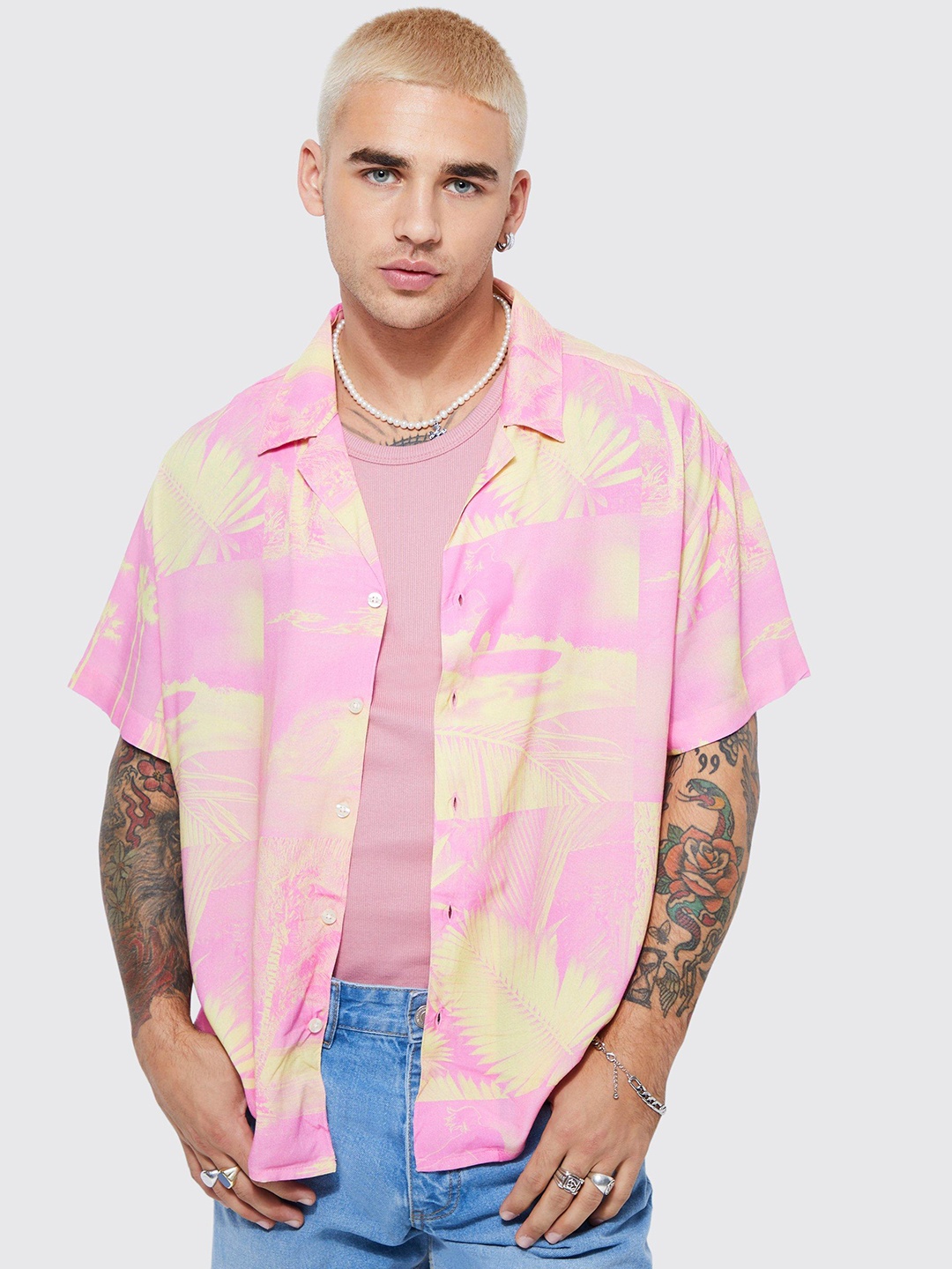 

boohooMAN Palm Print Boxy Casual Shirt, Pink