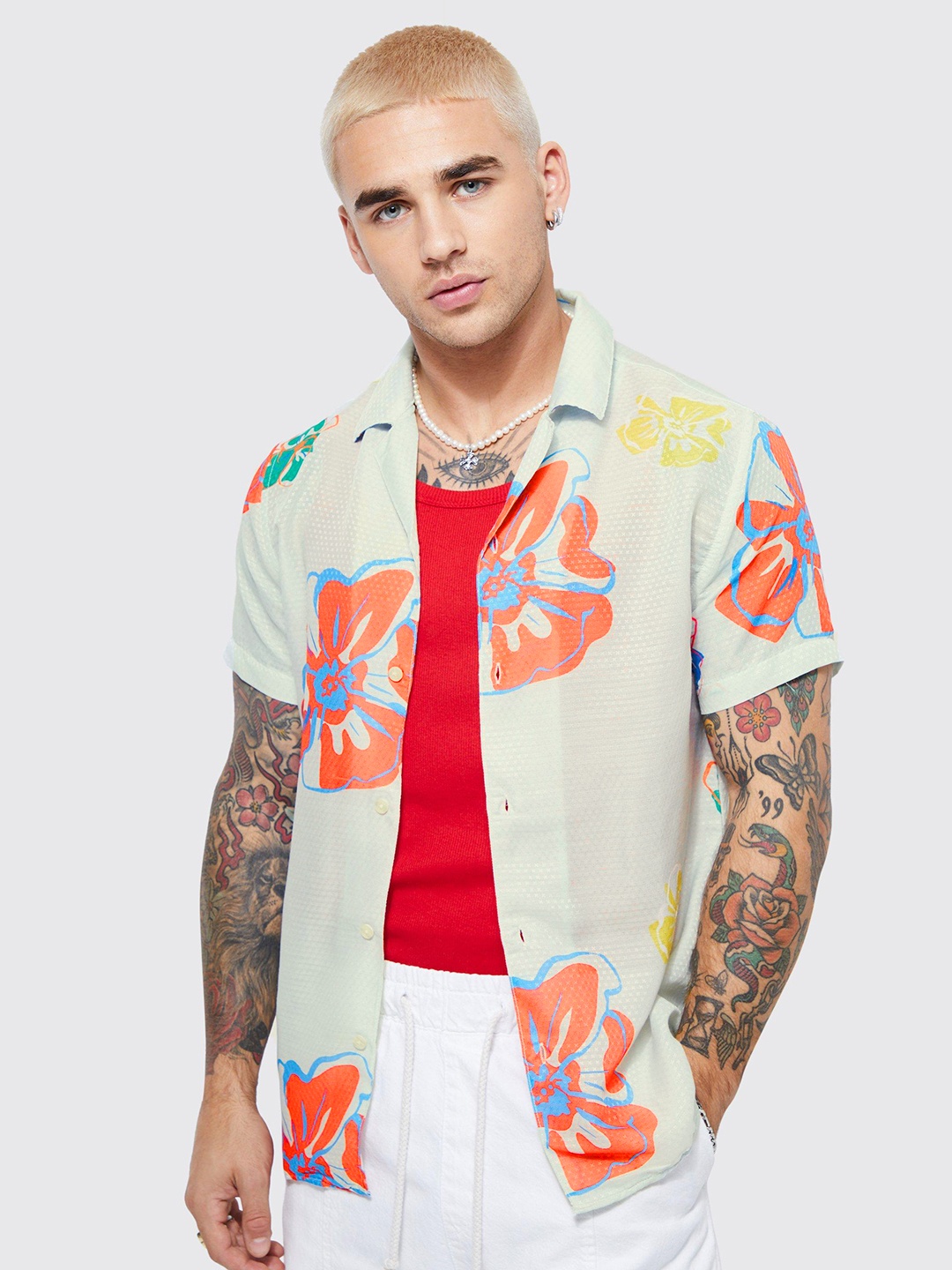 

boohooMAN Floral Print Casual Shirt, Green