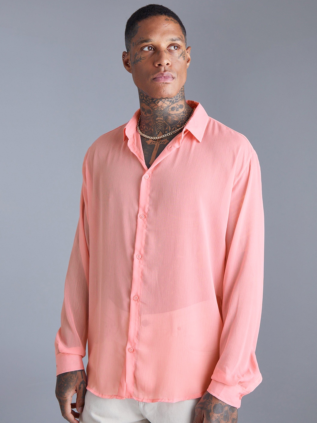 

boohooMAN Sheer Chiffon Oversized Shirt, Pink