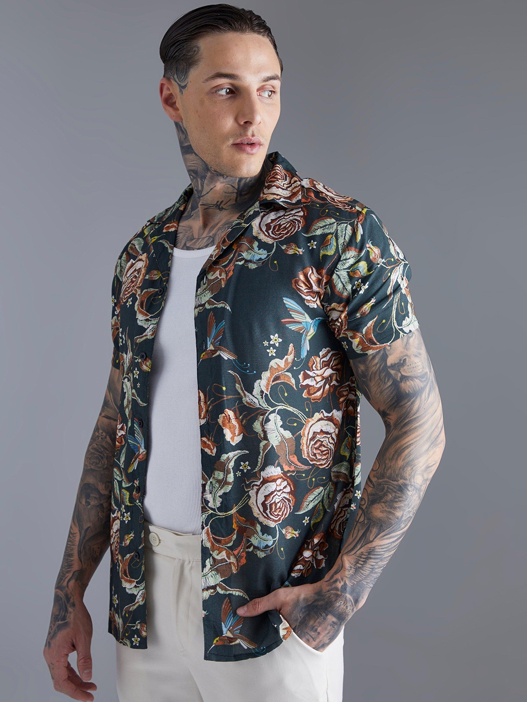 

boohooMAN Floral Print Casual Shirt, Green