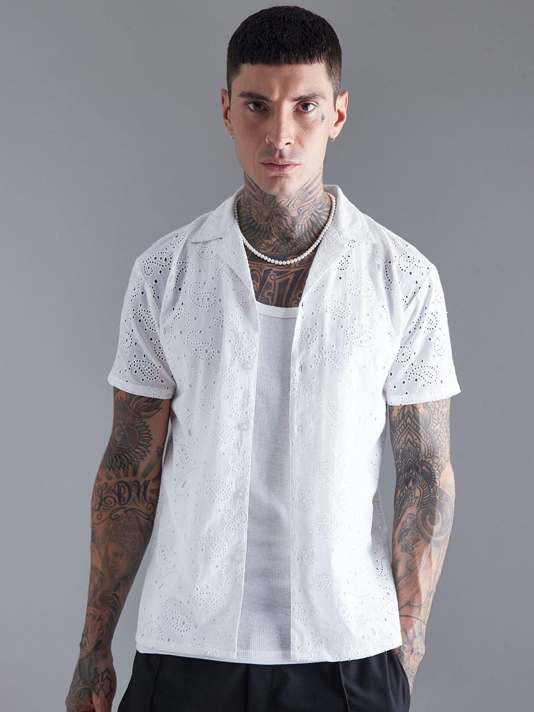 

boohooMAN Chikankari Embroidered Cotton Casual Shirt, White
