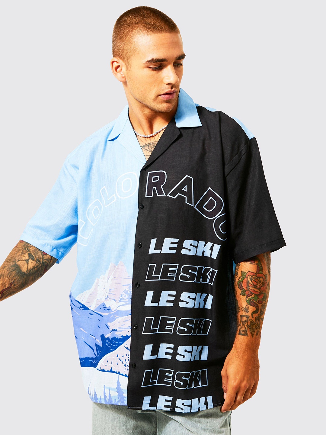

boohooMAN Oversized Boxy Printed Spliced Slub Casual Shirt, Blue