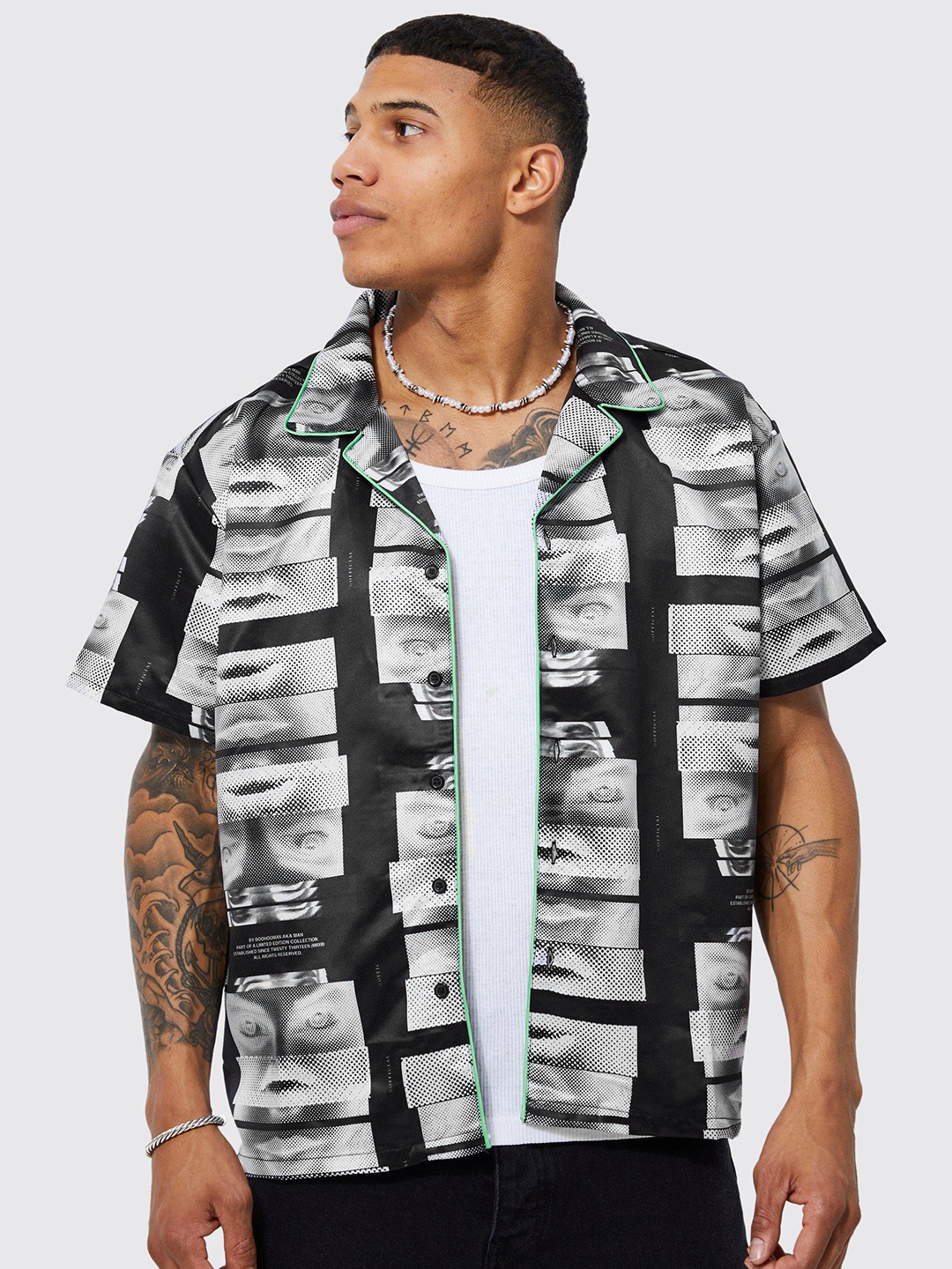 

boohooMAN Printed Boxy Casual Shirt, Black