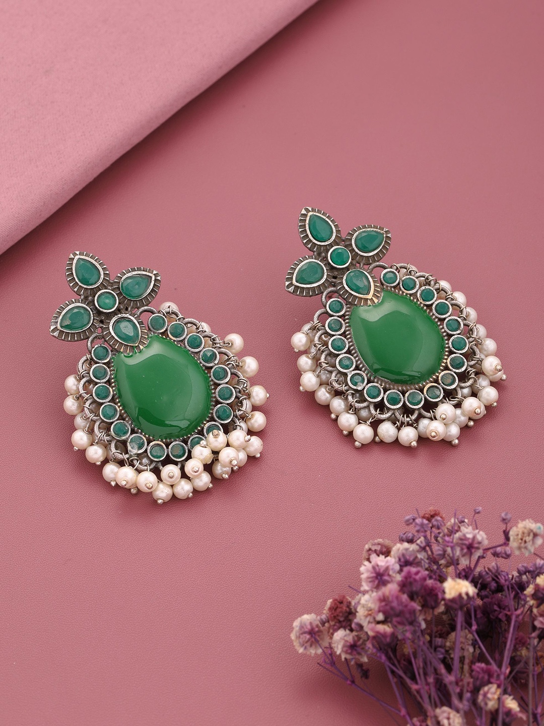 

Vita Bella Silver-Plated Oxidized Contemporary Drop Earrings, Green